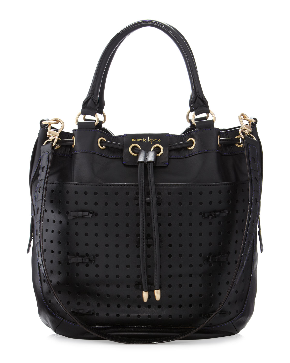Nanette lepore Bow Perforated Drawstring Tote in Black | Lyst