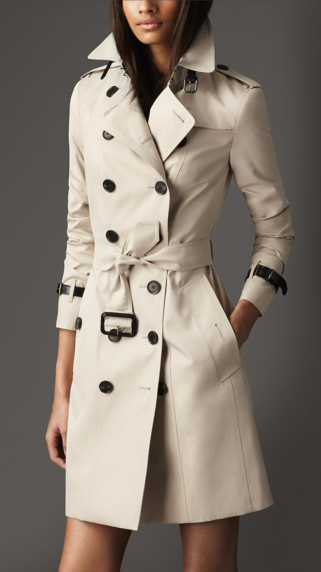 Burberry Long Slim Fit Leather Detail Trench Coat in Natural - Lyst