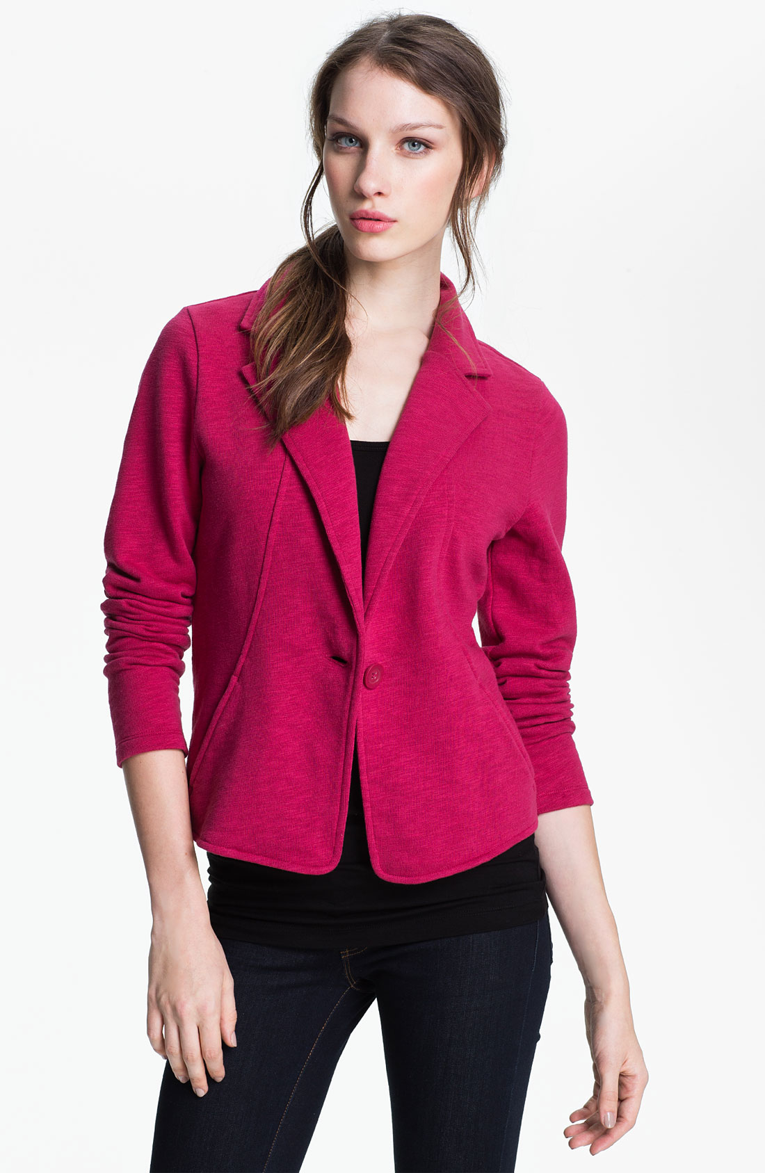 Caslon® Three Quarter Sleeve Knit Blazer Petite in Pink (end of color ...