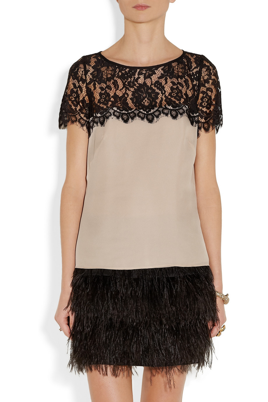 Milly Silk Georgette and Lace Top in Black | Lyst