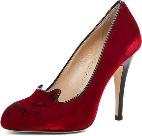 Charlotte Olympia Velvet Heel in Red (red velvet) | Lyst