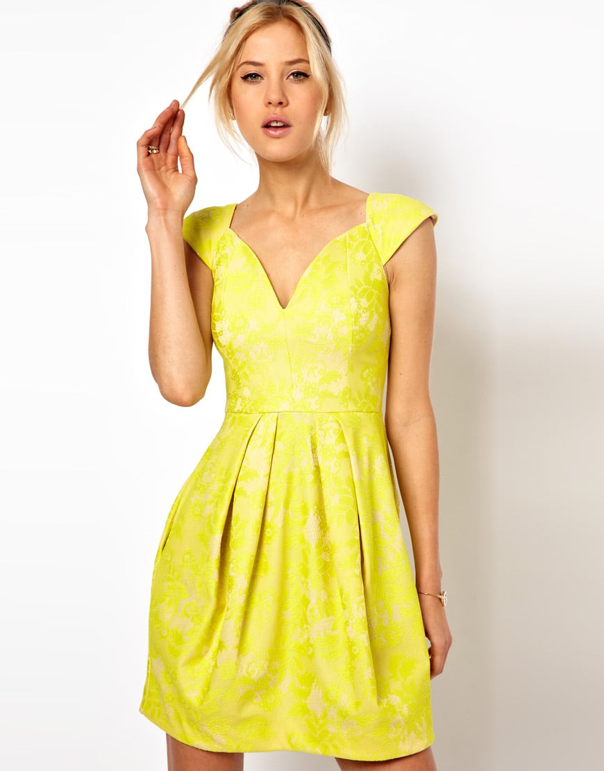 Lyst Asos Lace Skater Dress With Sexy Neck In Yellow