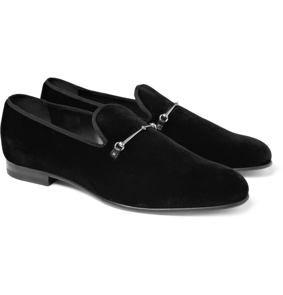 Gucci Velvet Horsebit Slippers in Black for Men | Lyst