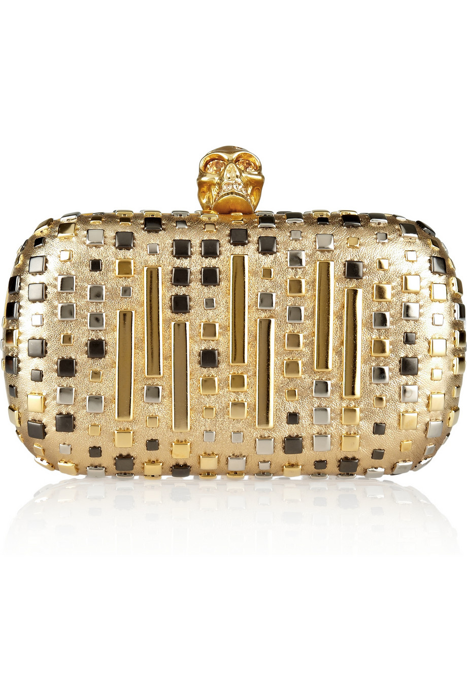 Alexander Mcqueen The Skull Studded Metallic Leather Box Clutch in Gold ...