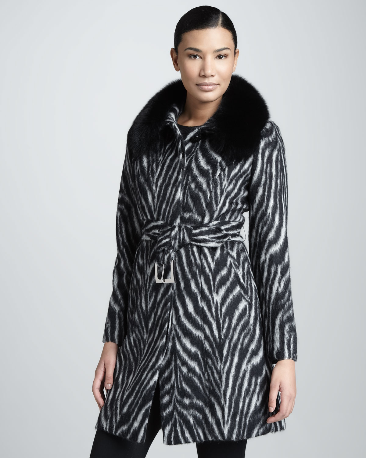 Sofia Cashmere Zebra Belted Furtrim Coat in Black (zebra print) | Lyst