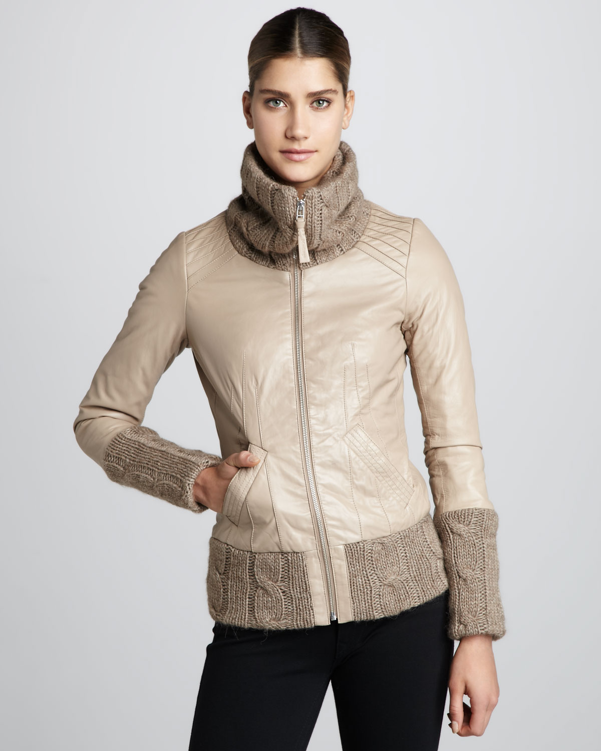 Lyst Mackage Domina Knit Leather Jacket in Brown