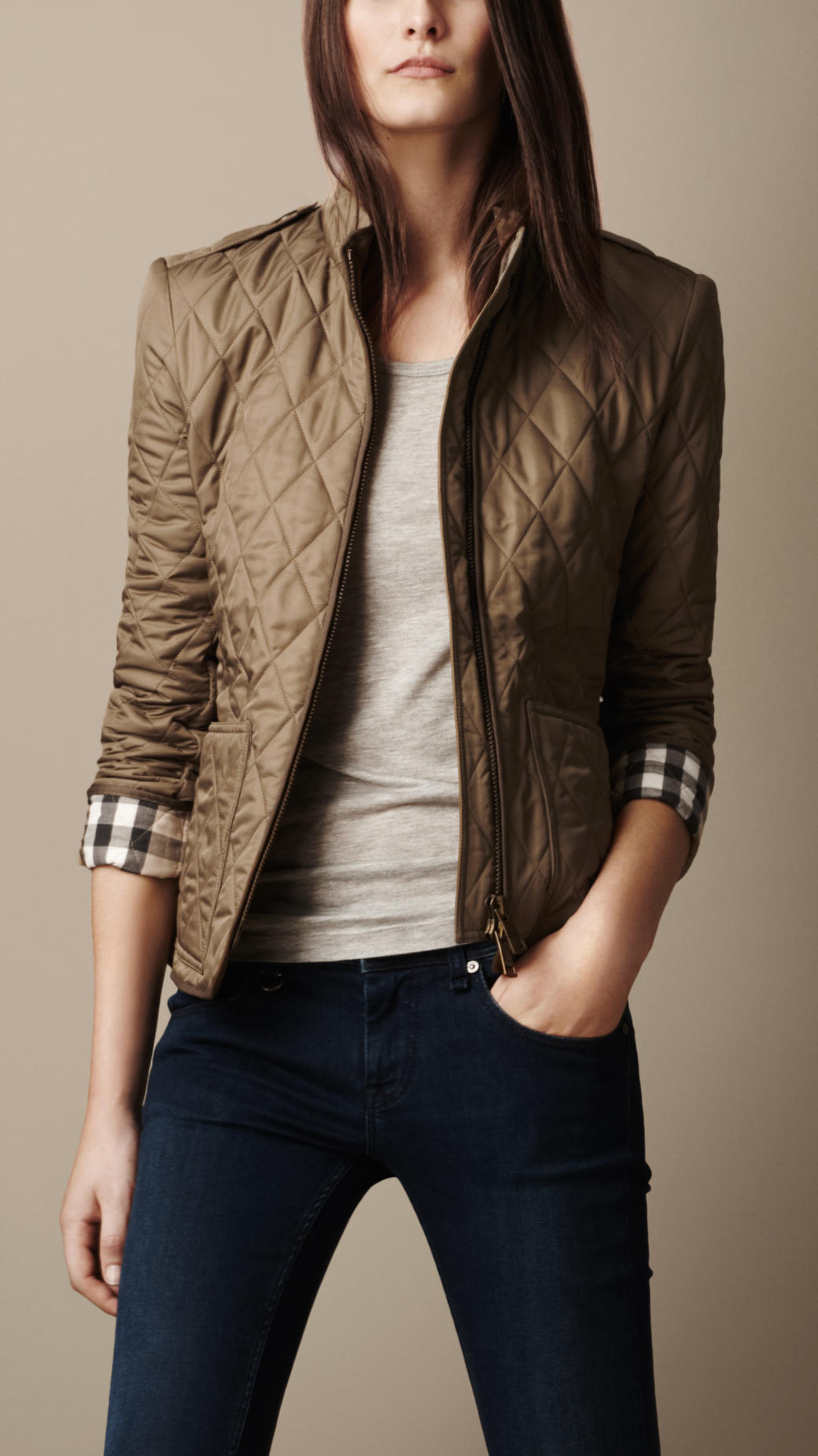 Lyst - Burberry Brit Check Cuff Quilted Jacket in Brown