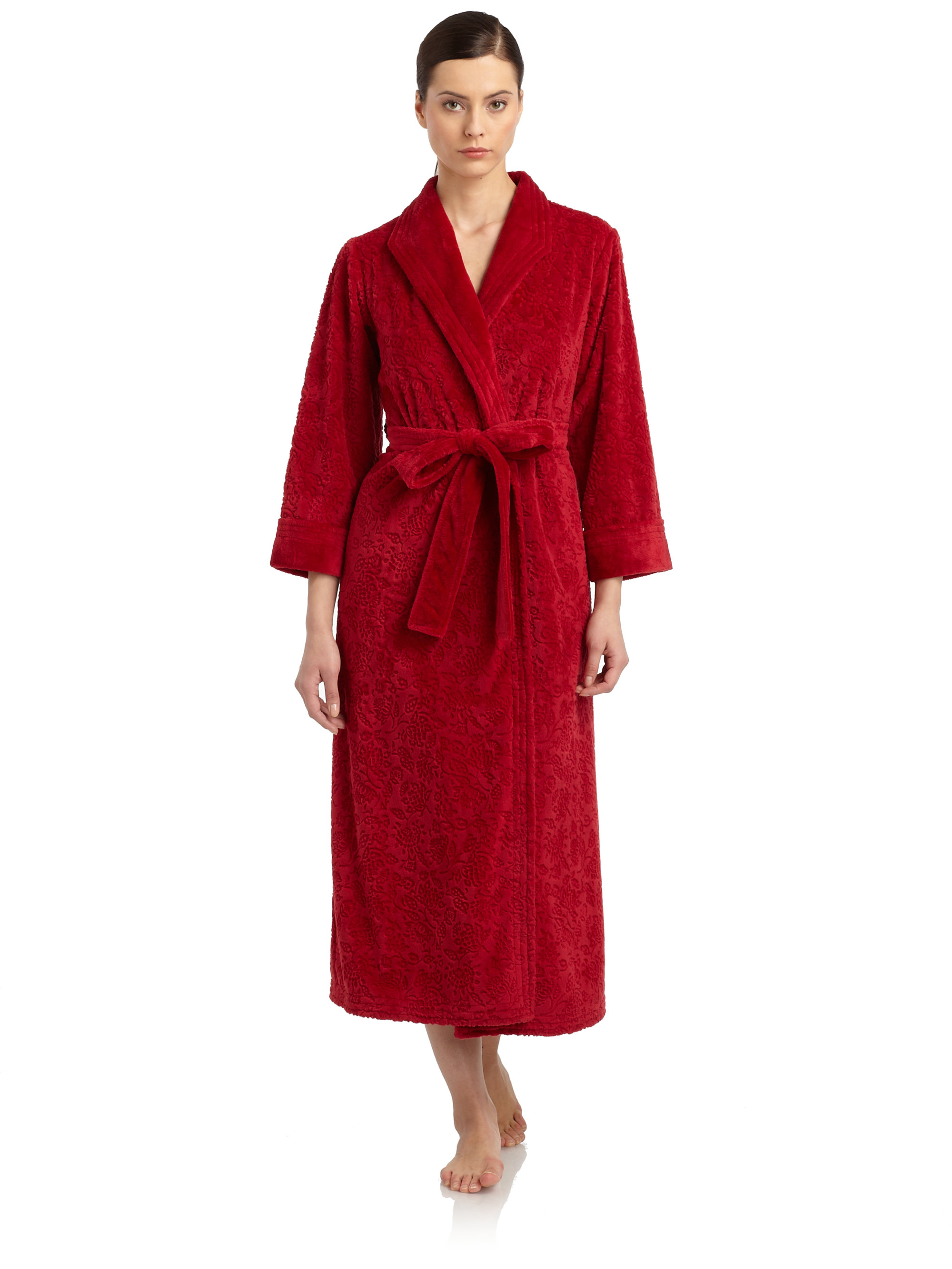 Oscar de la renta Scrollwork Embossed Plush Velour Robe in Red | Lyst