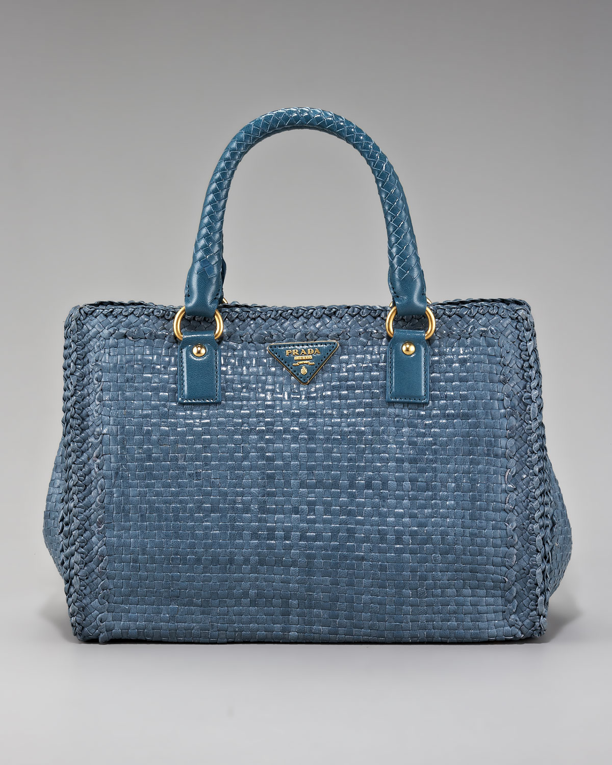 prada madras woven tote