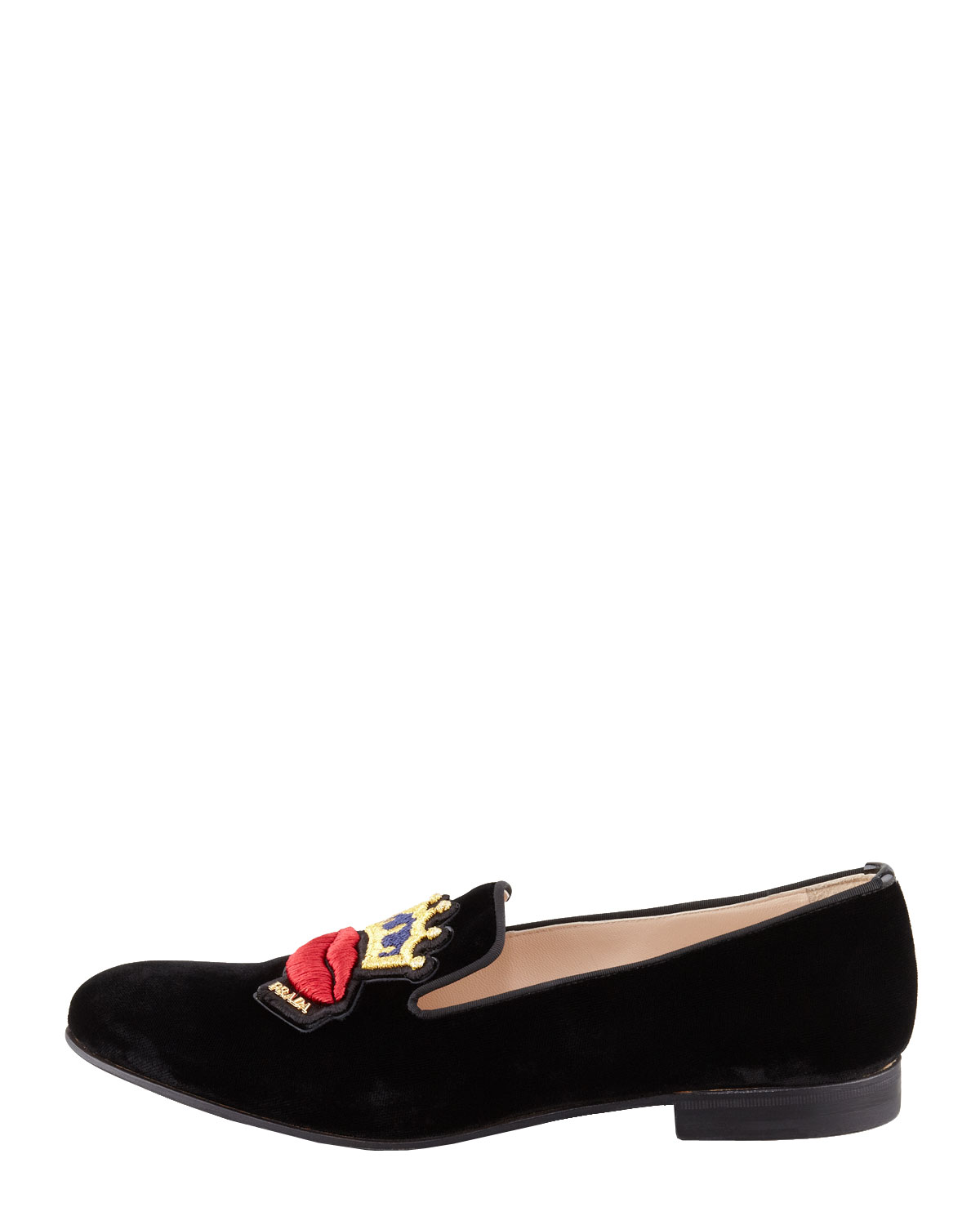 Prada Velvet Lip Embroidered Smoking Slipper in Black | Lyst