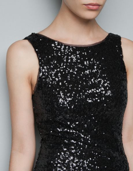 Zara Sequined Dress with Lowcut Back in Black | Lyst