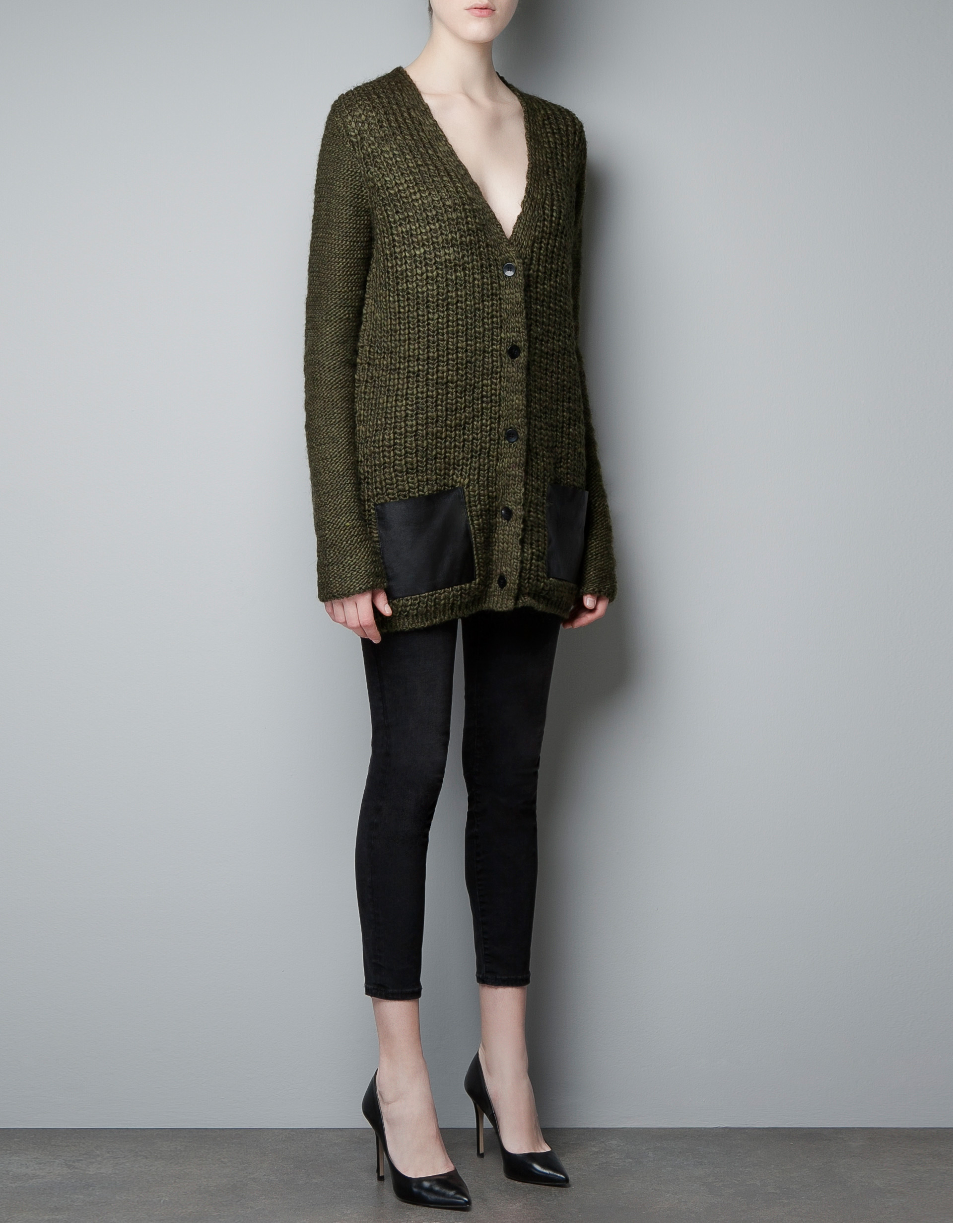 Zara Cardigan with Faux Leather Pocket in Green (khaki) | Lyst