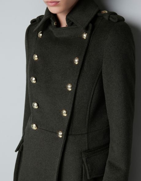 Zara Woollen Military Coat in Black (khaki) | Lyst