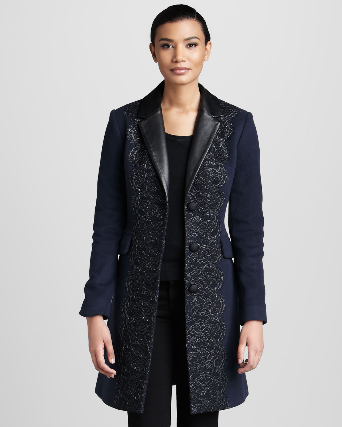 Badgley mischka Womens Madeline Lacefront Coat in Blue | Lyst