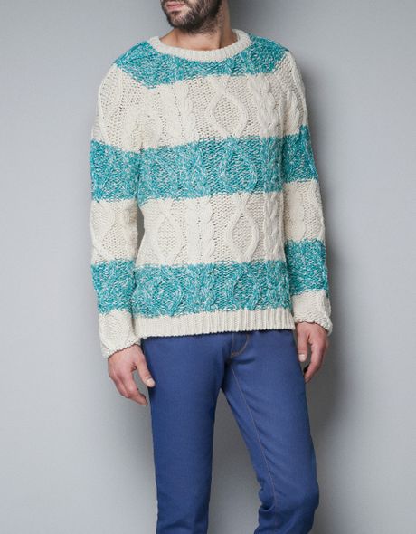 Zara Striped Twist Knit Sweater in White for Men (turquoise) | Lyst