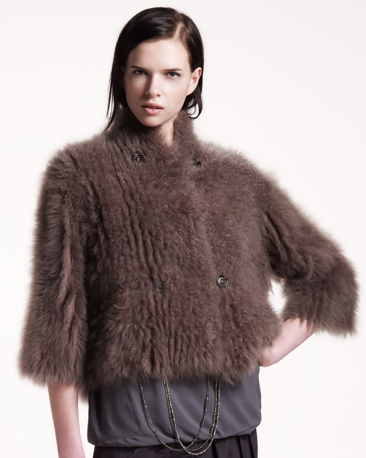 Brunello Cucinelli Cropped Fur Cashmere Jacket in Brown | Lyst