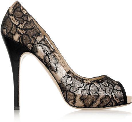 Valentino Black Floral Mesh Peep Toe Pumps in Black | Lyst