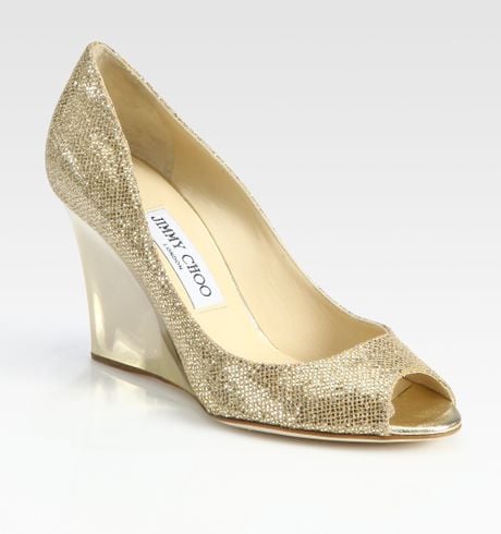 Jimmy Choo Baxen Glittercoated Metallic Leather Wedge Pumps in Gold | Lyst