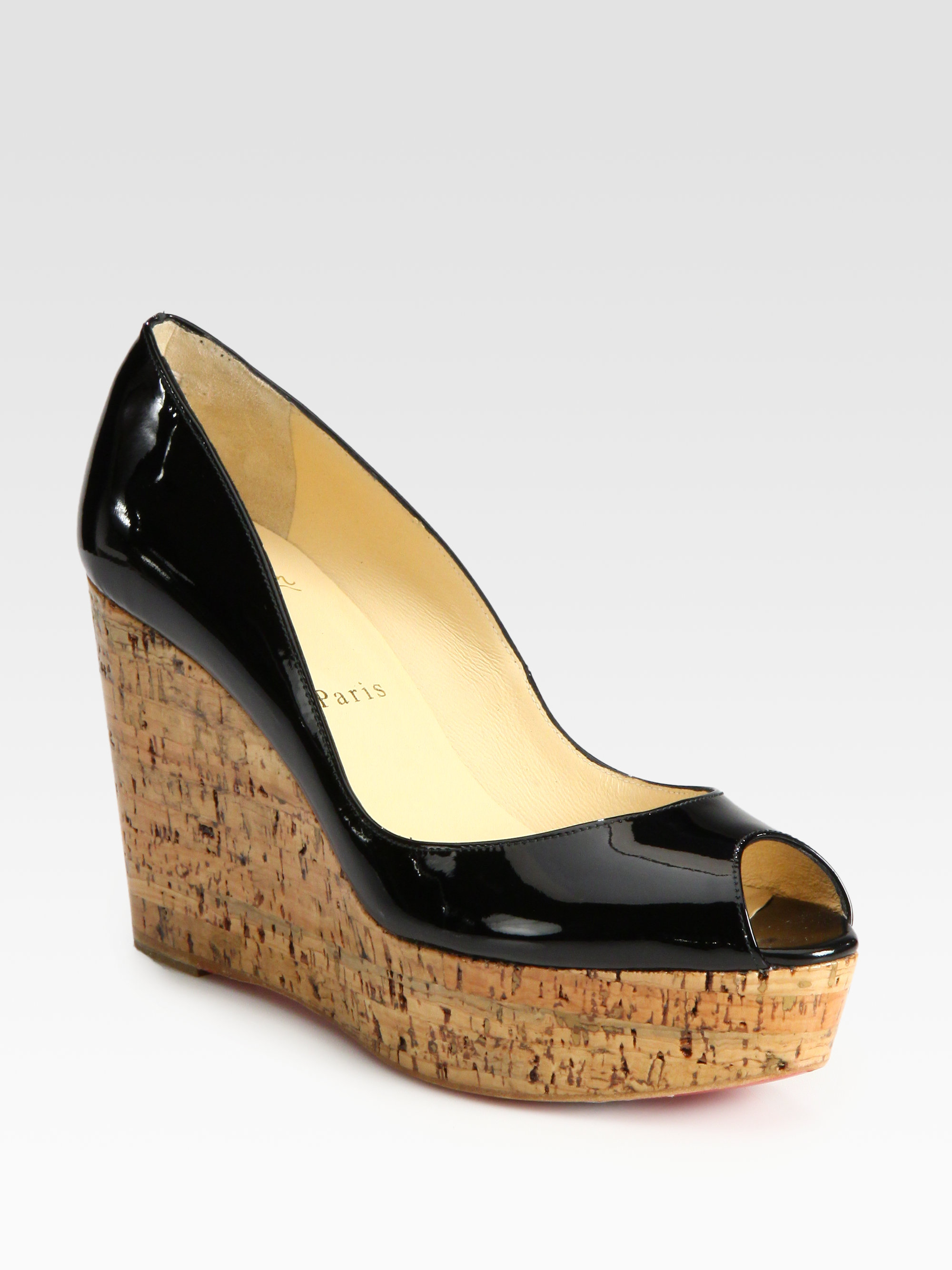 christian louboutin peep-toe wedges Black leather cork covered ...