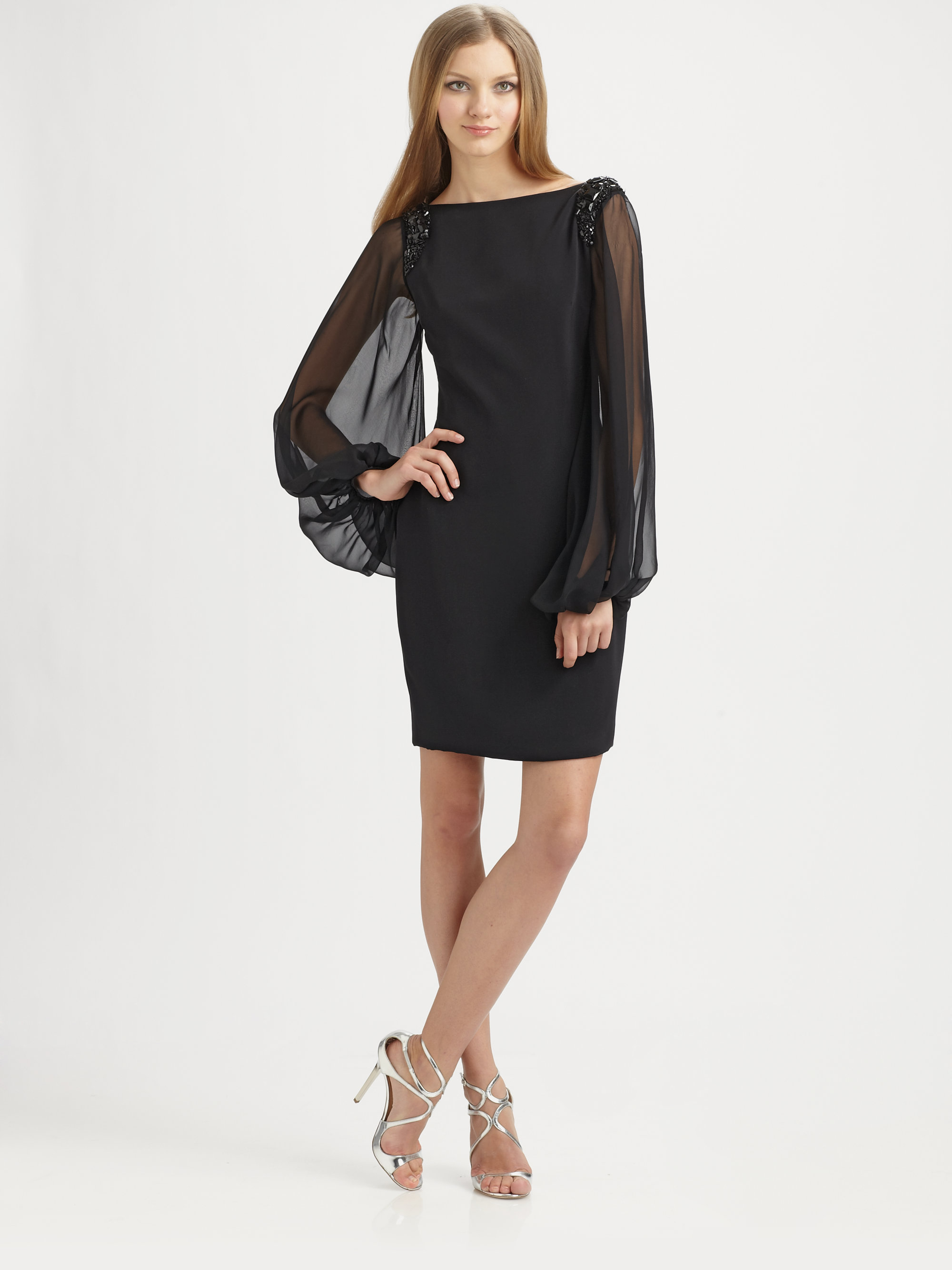 Lyst Notte By Marchesa Silk Crepe Blouson Sleeve Cocktail Dress In Black 