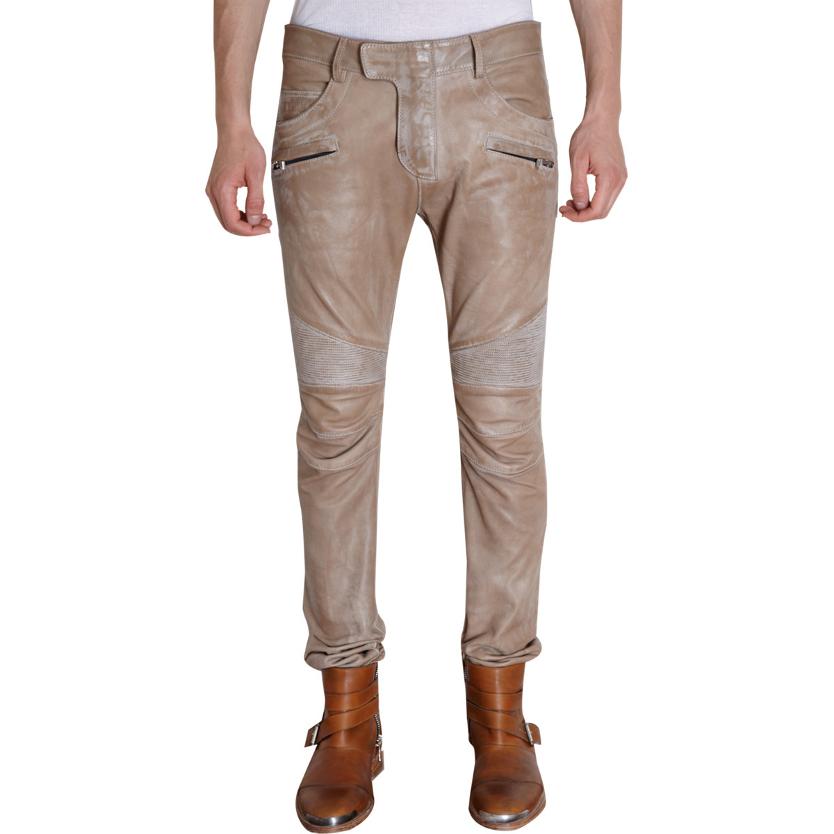 Balmain Distressed Leather Biker Pants in Brown for Men (taupe) | Lyst