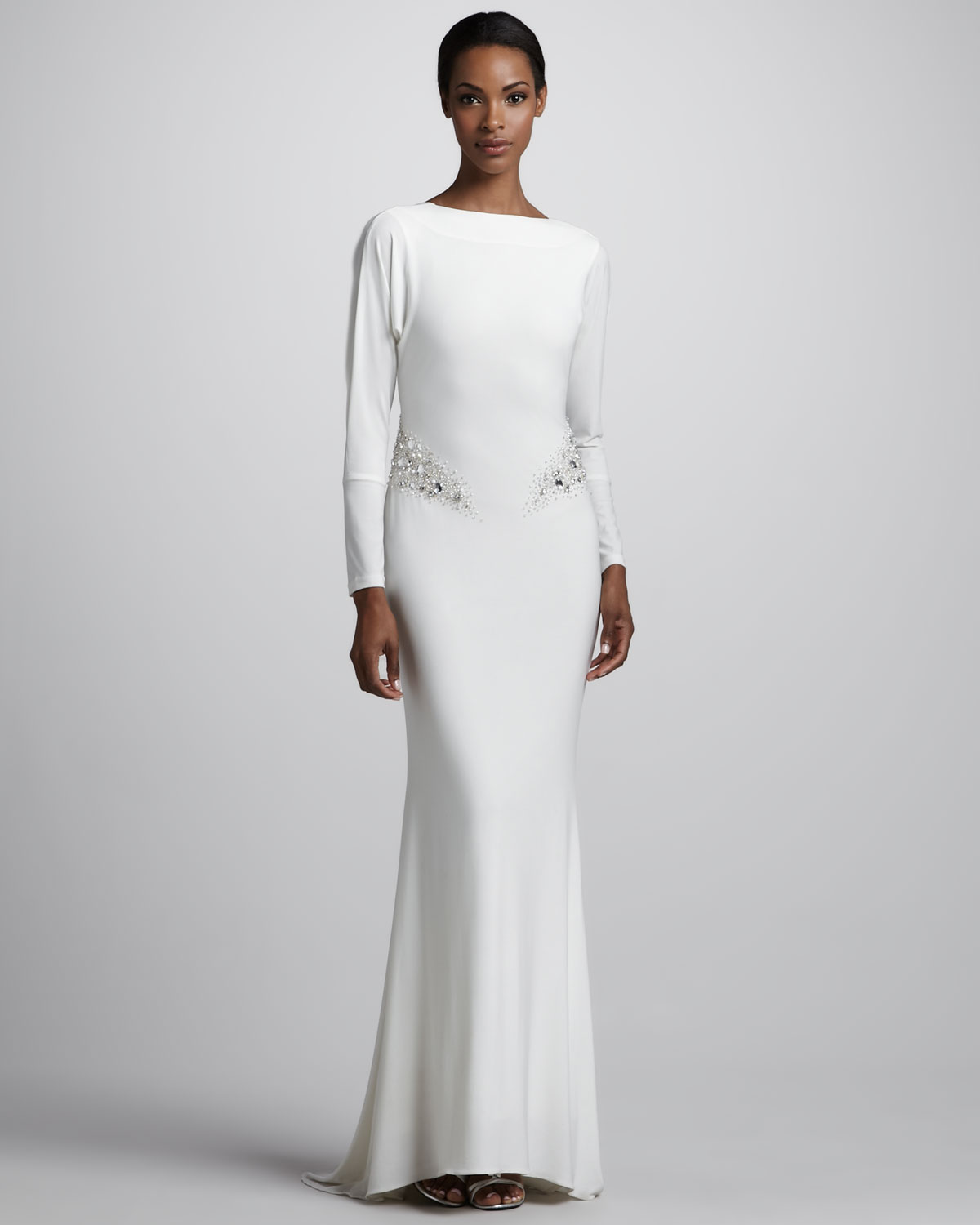 Badgley mischka Long sleeve Jersey Gown in White | Lyst