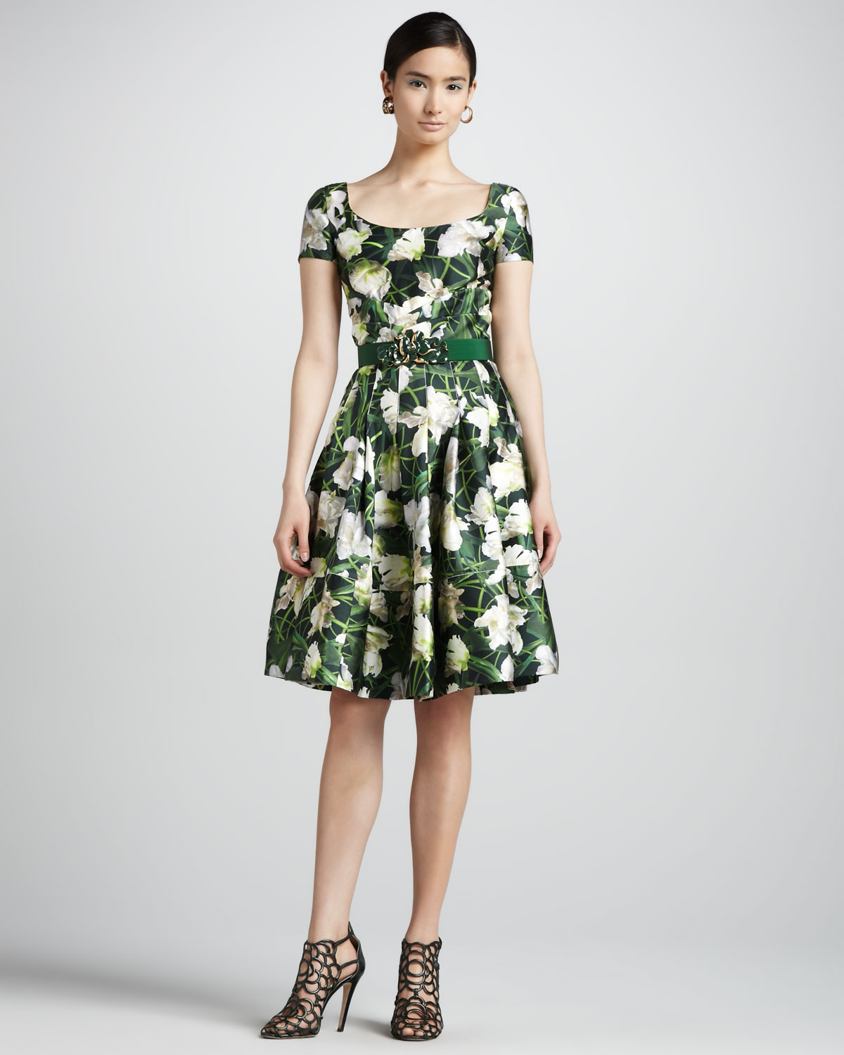 Lyst Oscar De La A Fl Print Scoopneck Dress In Green Gallery