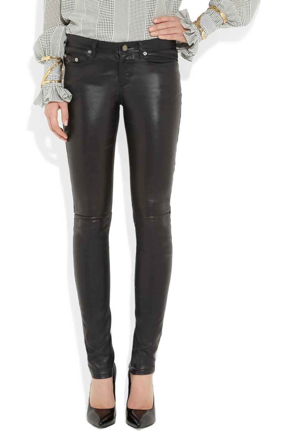 Saint Laurent Low Rise Faux Patent Leather Pants in Black