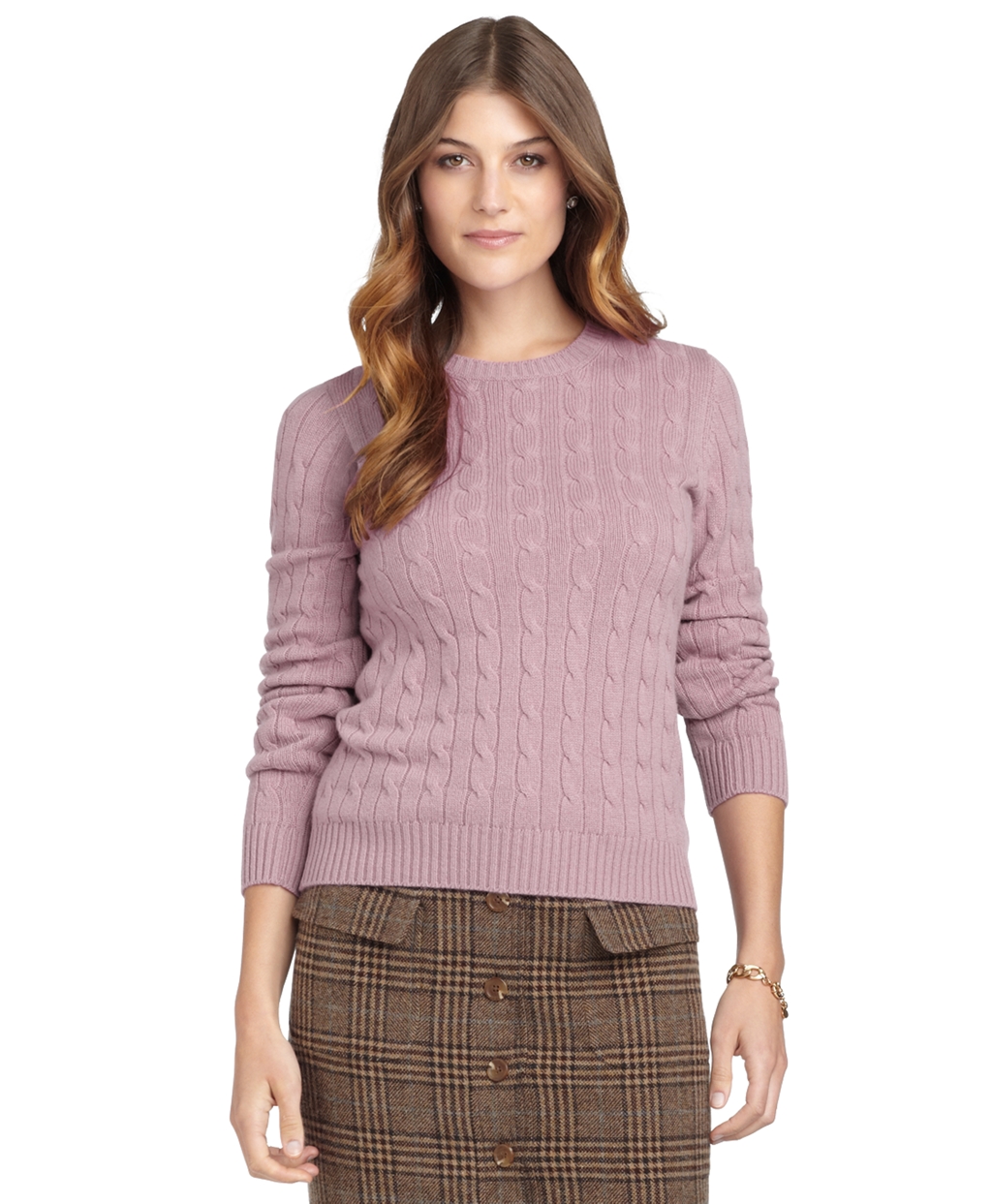 Brooks Brothers Cashmere Cable Crewneck Sweater in Pink (dusty rose) | Lyst