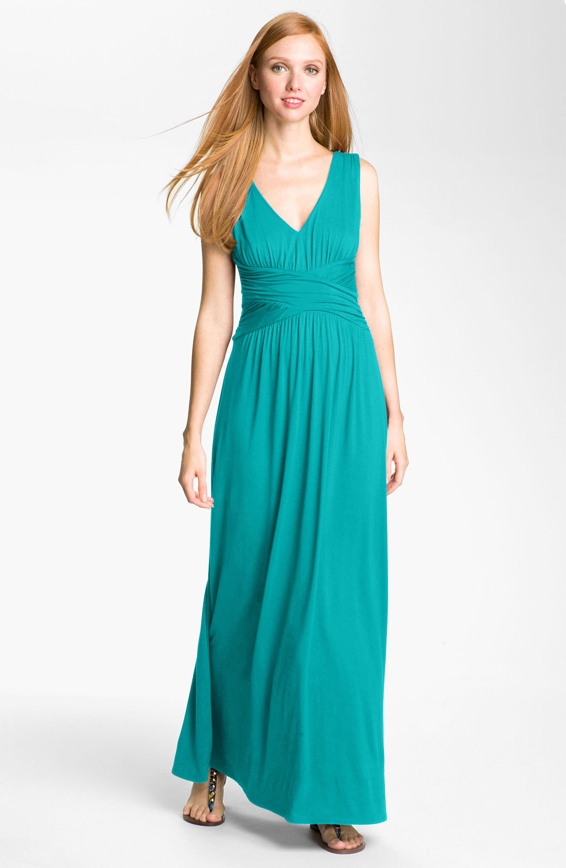 Three Dots Vneck Jersey Maxi Dress in (end of color list teal surf) | Lyst