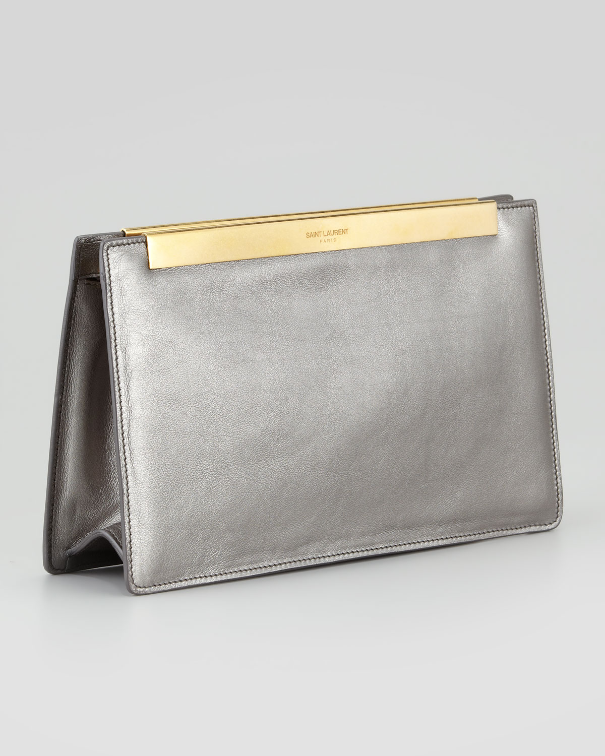 Saint laurent Lutetia Metallic Leather Clutch Bag Gunmetal in ...