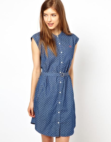 Fred Perry Polka Dot Grandad Collar Shirt Dress in Blue (carbonblue) | Lyst