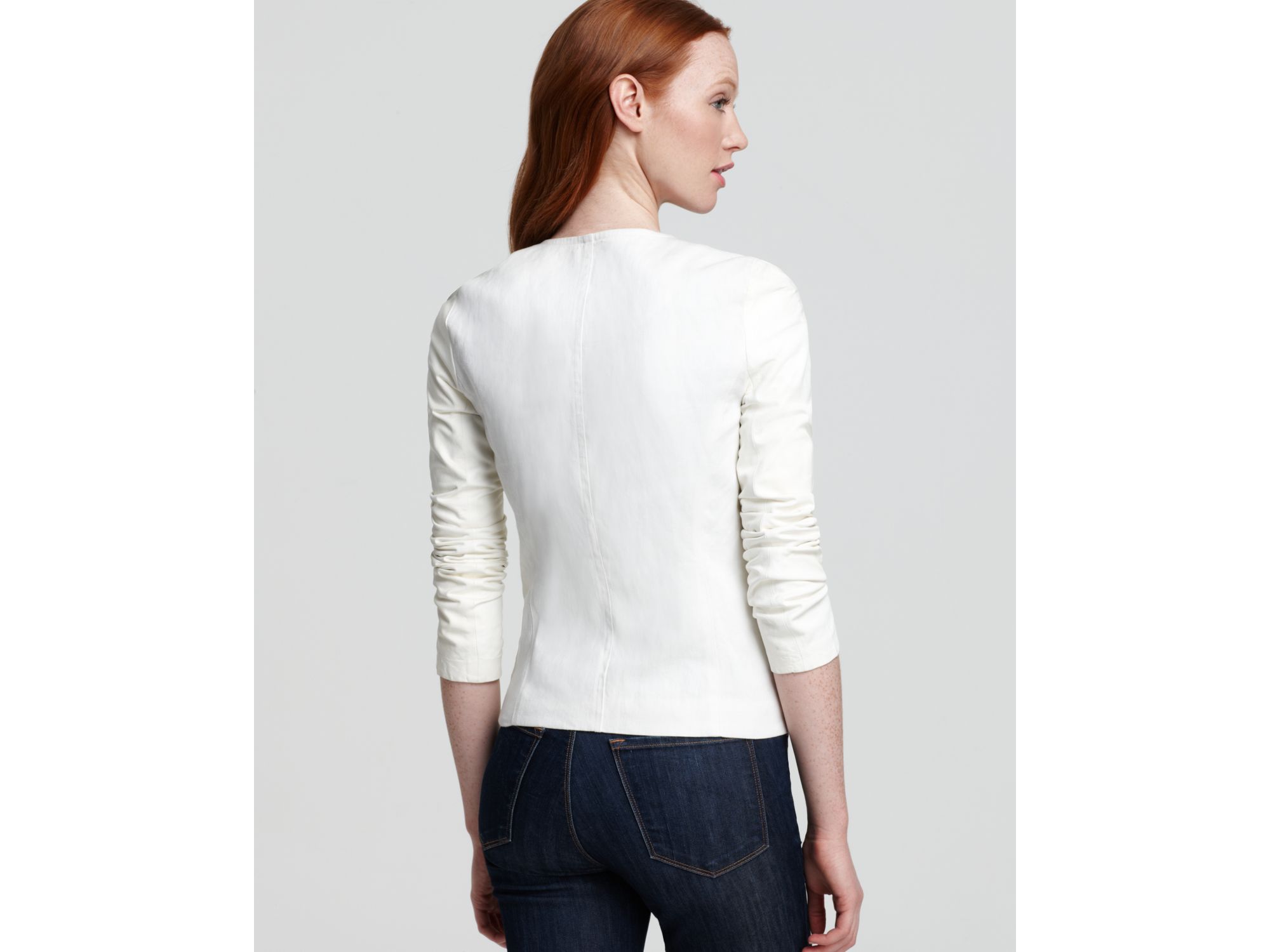 Vince Jacket Linen Asymmetric Leather Sleeve In White Lyst Gallery