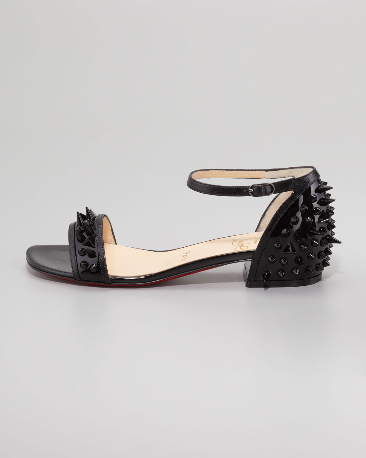 Christian louboutin Druide Spiked Patent Flat Sandal in Black | Lyst  