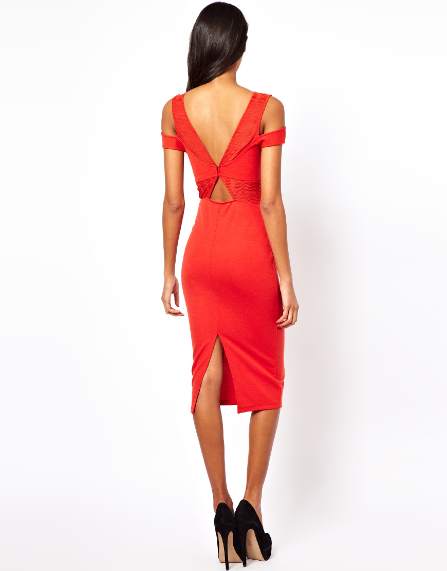 Lyst - Asos Sexy Pencil Dress with Textured Cold Shoulder in Red