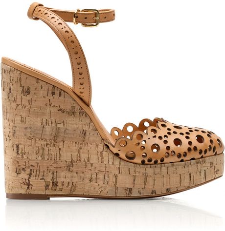 Tory Burch Daisy Cutout Leather Wedge Sandals in Brown (blush) | Lyst