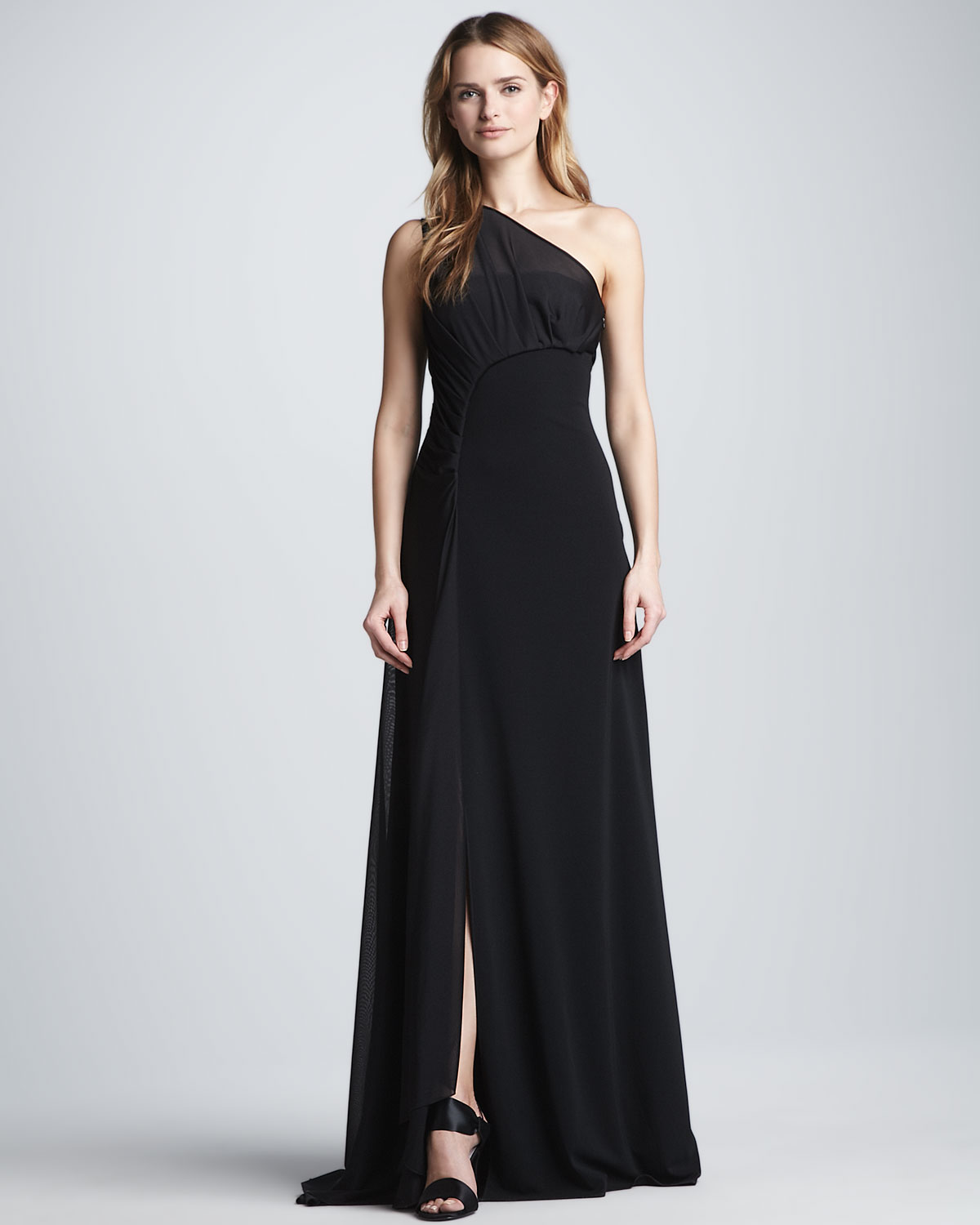 Lyst - Halston One-Shoulder Gown with Sheer Overlay in Black