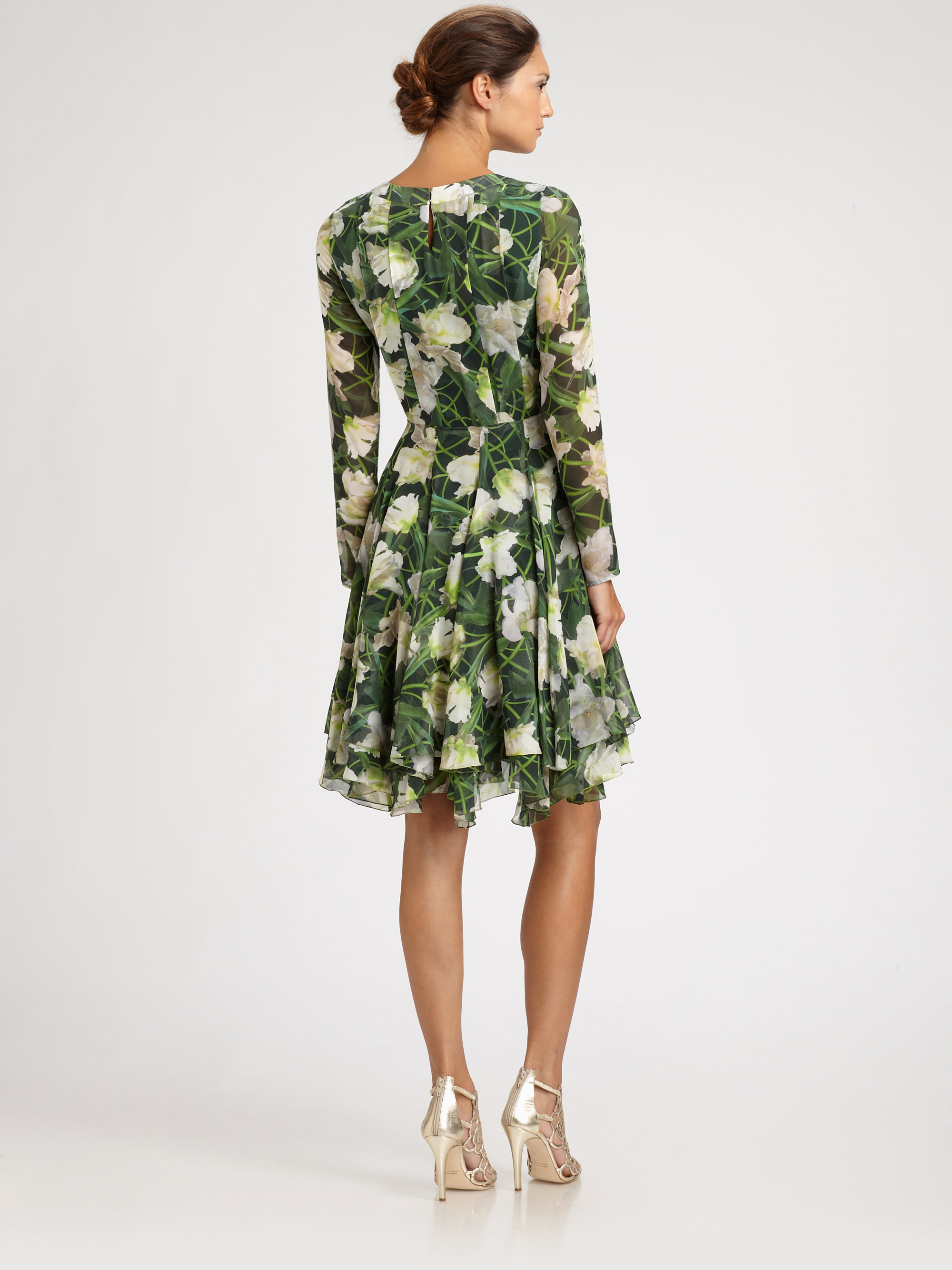 Lyst Oscar De La A Fl Silk Dress In Green Gallery
