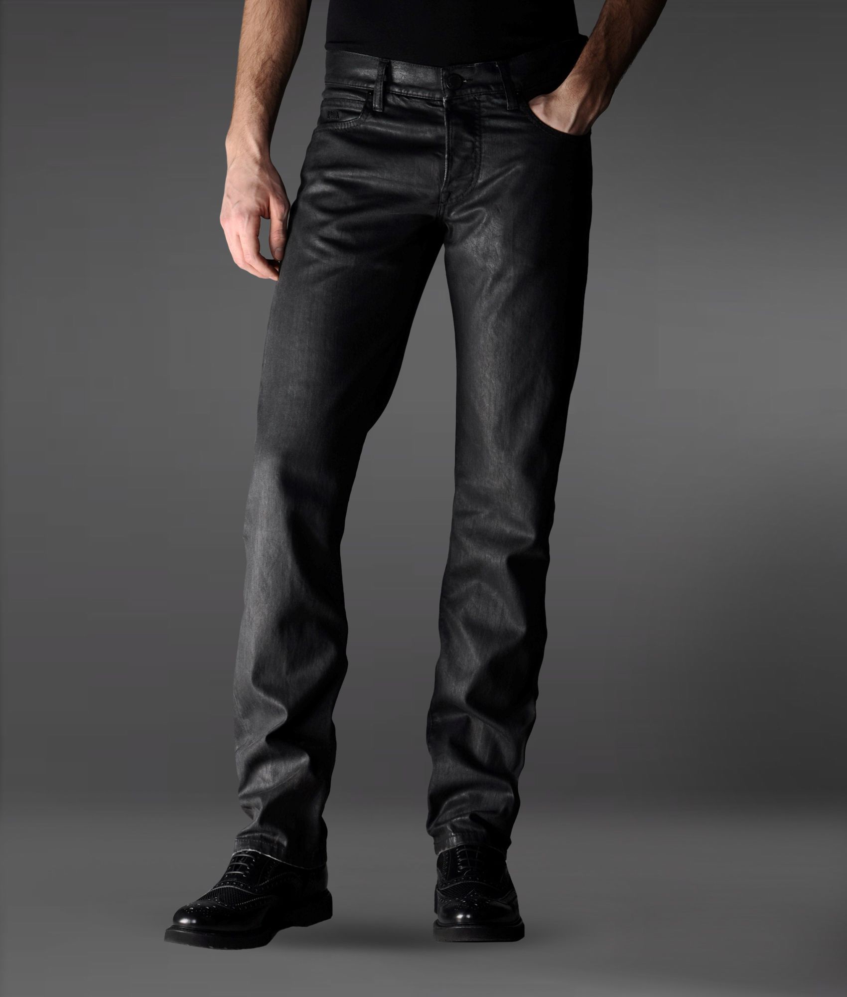 Emporio Armani Regular Fit Bull Denim Jeans Spray Leather Effect in ...