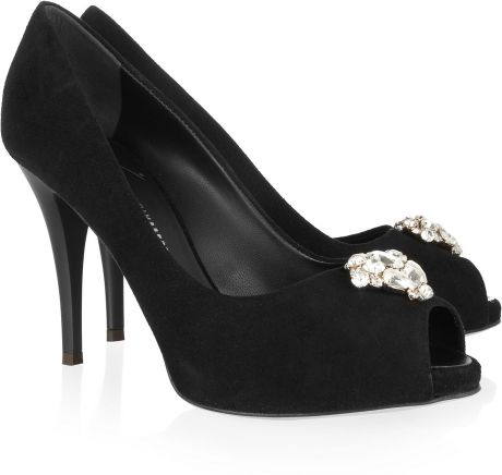 Giuseppe Zanotti Crystal Embellished Suede Peep Toe Pumps in Black | Lyst