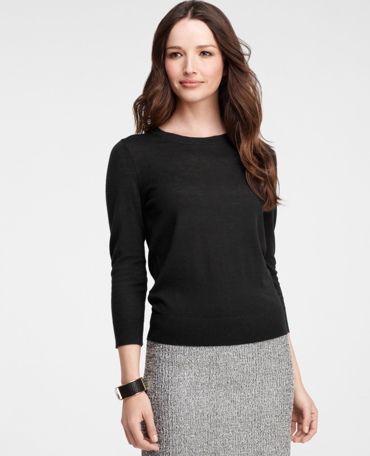 Ann Taylor Petite Extrafine Merino Wool 3/4 Sleeve Sweater in Black | Lyst