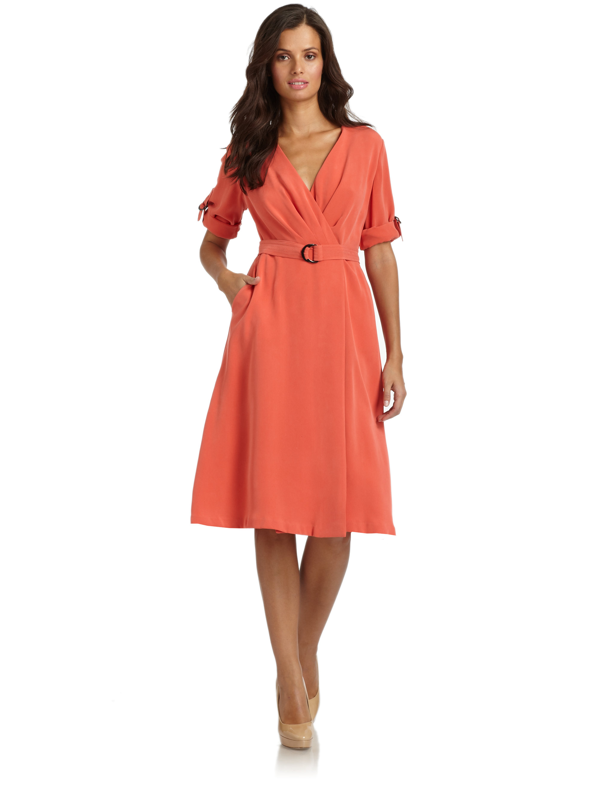 Lyst - Lafayette 148 New York Millicent Silk Belted Wrap Dress in Orange