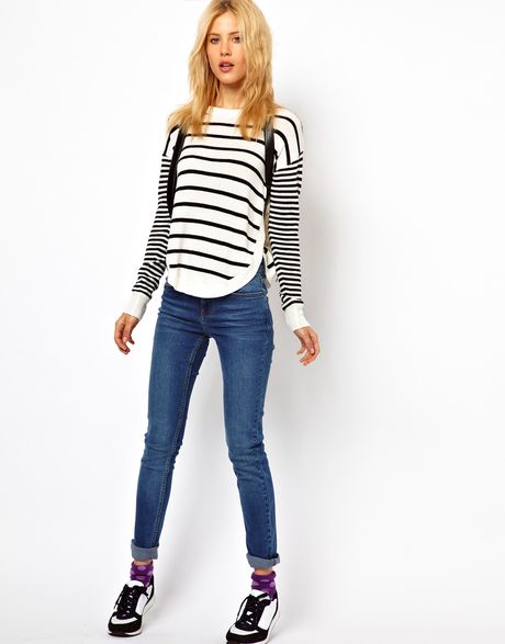 Asos Jumper in Stripe with Button Side in Black (mono) | Lyst