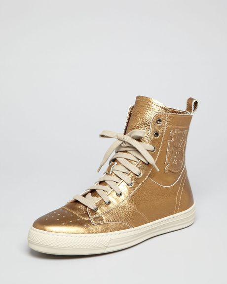 Burberry High Top Lace Up Waterproof Sneakers North Field in Gold ...