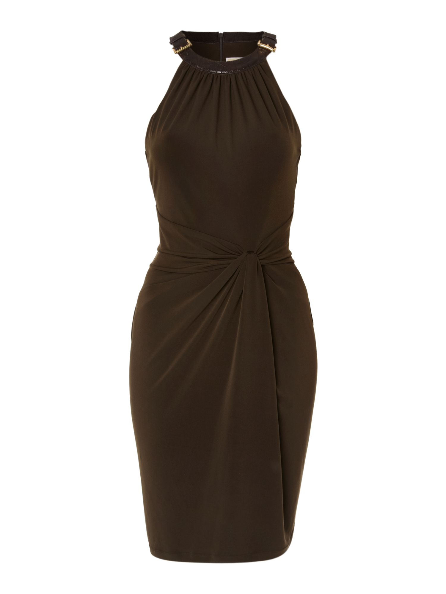 Michael Michael Kors Sleeveless Dress with Leather Halter Neck in Brown ...