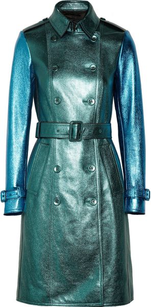 Burberry Prorsum Metallic Texturedleather Trench Coat in Blue (teal) | Lyst