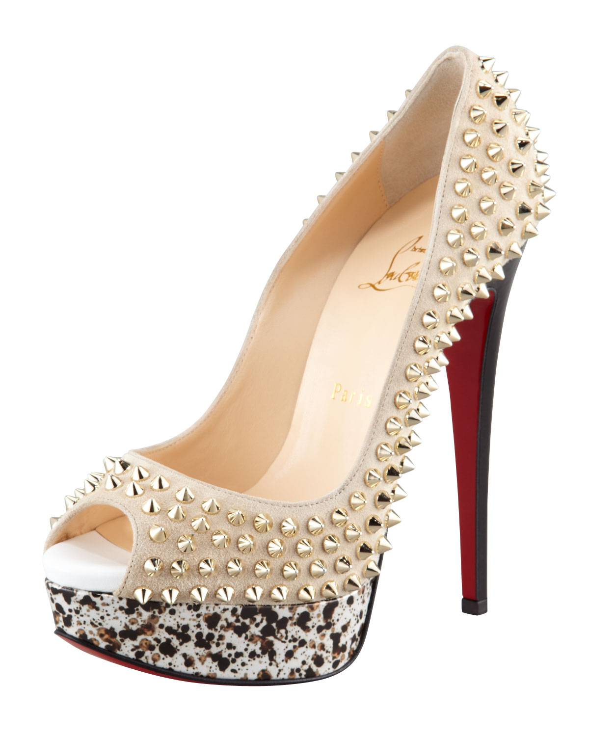 Christian Louboutin Dy Peep Spiked Suede Red Sole Pump in Gray (stone ...