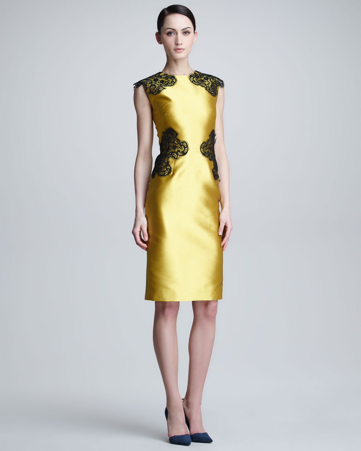 Lyst Lela Rose Placed Lace Satin Sheath Dress In Metallic Gallery