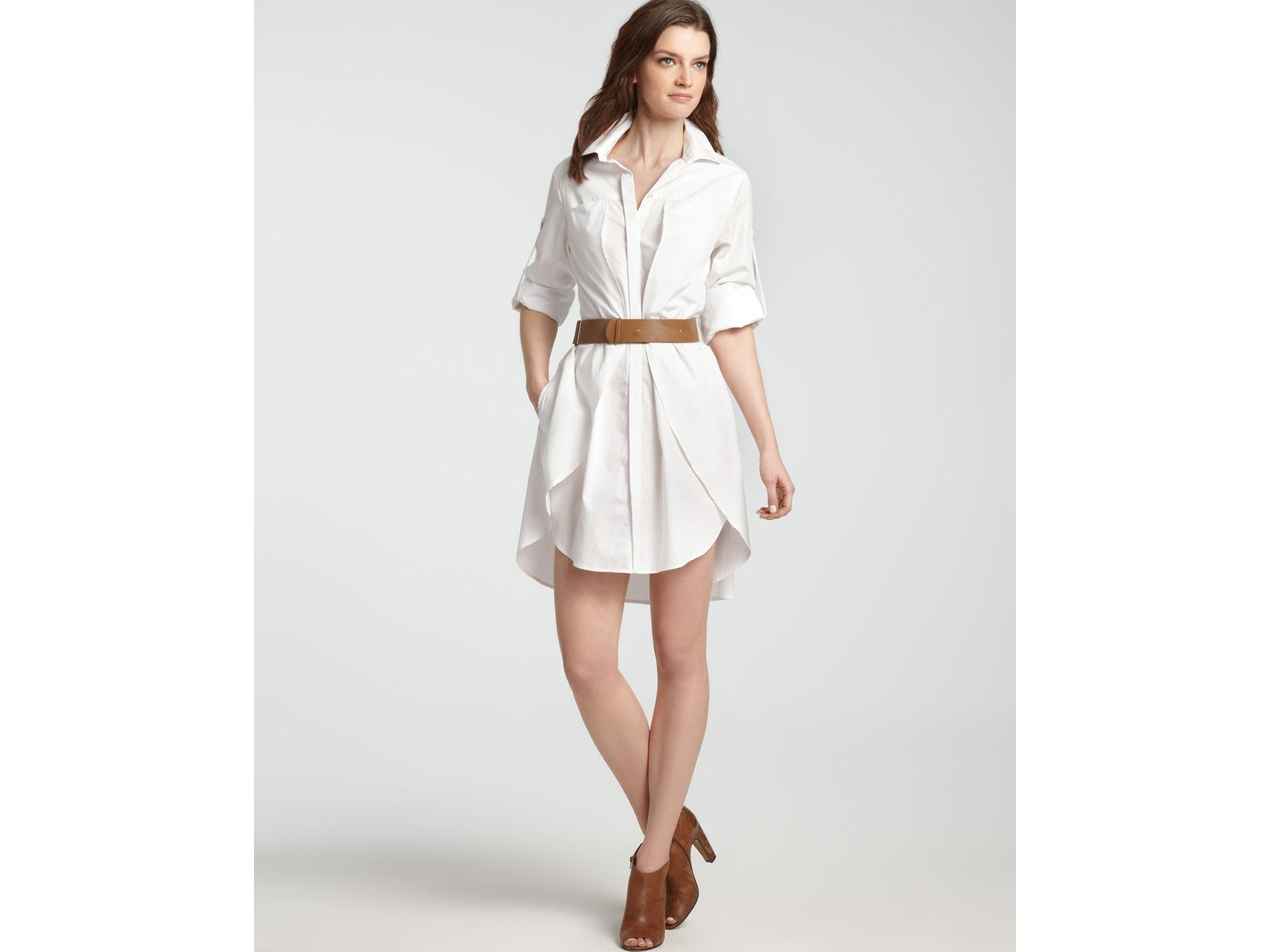 Lyst Halston Shirt Dress Cotton With Belt In White Gallery