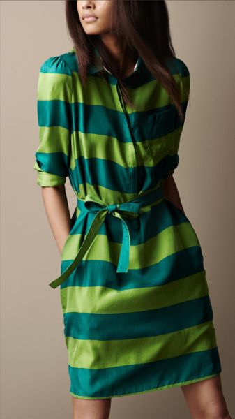 Burberry Brit Striped Silk Shirt Dress in Green (kelly green) | Lyst